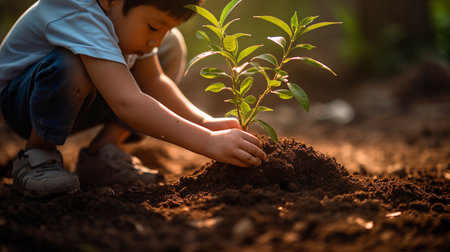 Little boy planting tree in the garden. Save world and ecology concept.の素材