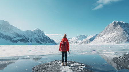 Woman in red jacket looking at snowy mountain landscape. 3D renderingの素材