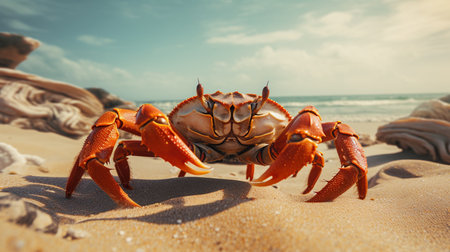 A close up of a crab on the beach with a blue skyの素材