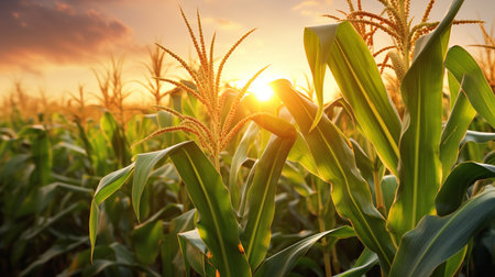 Corn field at sunset, close-up. Beautiful nature background.の素材