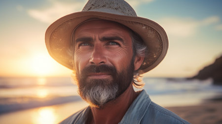 Portrait of handsome mature man with hat on the beach at sunsetの素材