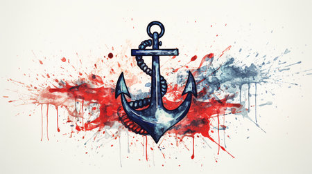 Anchor on a white background with splashes of red and blue paintの素材