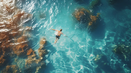 Top view of a man swimming in sea.Summer conceptの素材