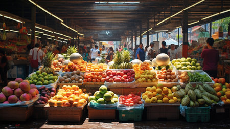 A fruit market with stalls and customersの素材