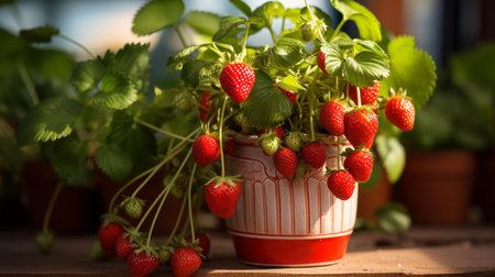 A pot with strawberry plants. Agriculture at homeの素材