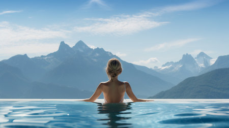 Woman in swimming pool with mountains in the background. 3d renderingの素材