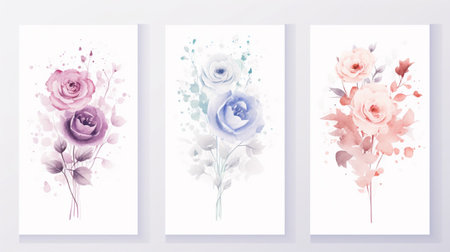 Set of floral cards with watercolor roses. Hand drawn vector illustration.の素材