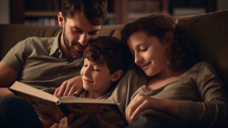 father and son reading book together on sofa at night in living roomの素材
