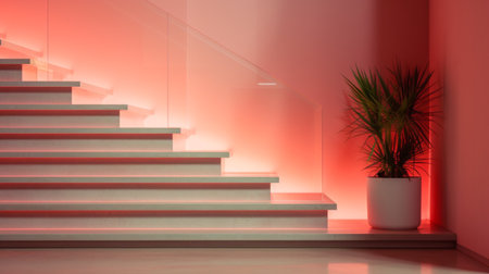 3D Illustration of a modern interior design with stairs and plantsの素材