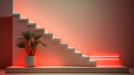 Staircase in red room with palm tree. 3D renderingの素材
