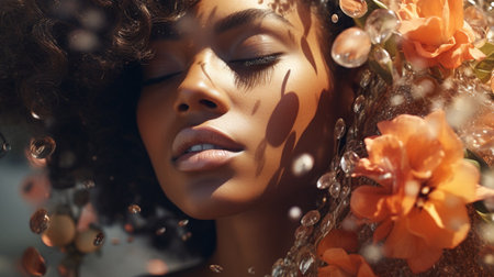 Beautiful african american young woman with creative makeup and flowersの素材