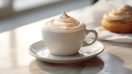 Cappuccino with whipped cream in a white cup on the tableの素材
