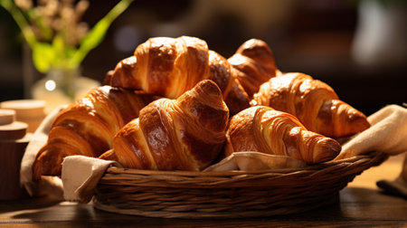 Freshly baked croissants in a basket on a wooden tableの素材