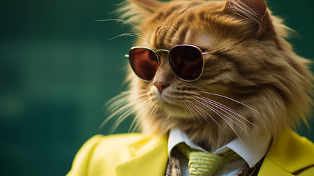 Portrait of a cat wearing a yellow jacket, bow tie and sunglassesの素材