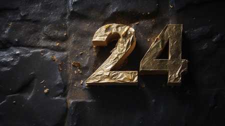 Golden number twenty-four on a black textured background with copy spaceの素材