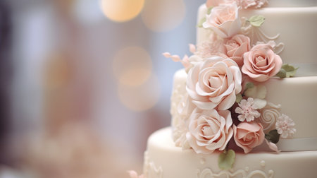 Wedding cake with flowers on the background of bokehの素材