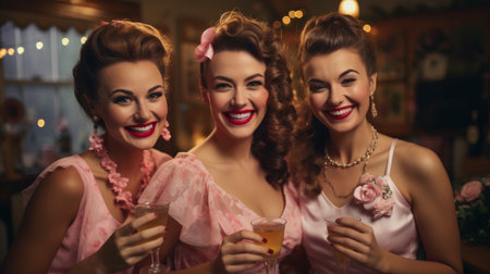 Portrait of three beautiful women looking at camera and smiling while drinking cocktails in cafeの素材
