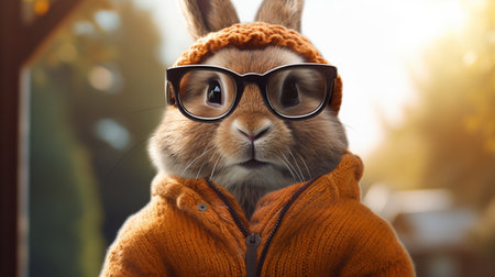 Cute rabbit wearing glasses and a warm sweater on the background of natureの素材