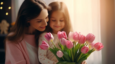 Daughter congratulates her mother and gives her a bouquet of tulipsの素材