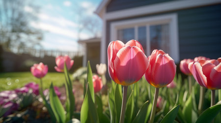 Tulips in front of a modern high-tech houseの素材