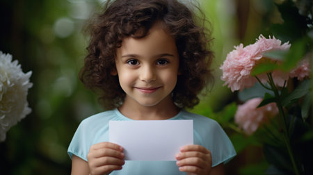 Portrait of child presenting handmade card for momの素材
