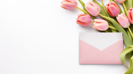 Envelope with spring tulip flowers on isolated white backgroundの素材