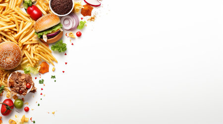 Sale banner with fast food ingredients, on isolated white backgroundの素材