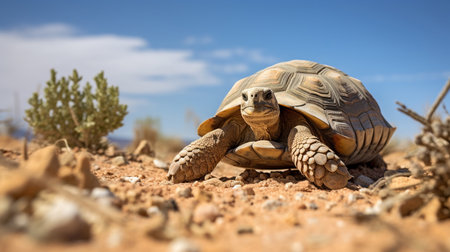 A desert tortoise cautiously emerging from its burrow in the arid landscapeの素材