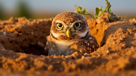 The elusive and nocturnal Burrowing owl emerging from its desert nestの素材