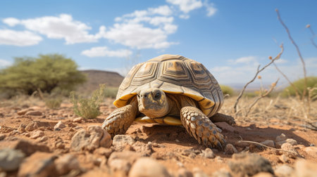 A desert tortoise cautiously emerging from its burrow in the arid landscapeの素材
