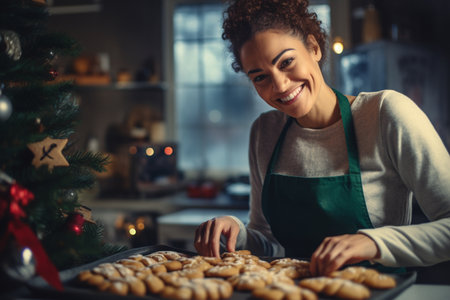 Woman baking Christmas cookies happy, rustic background homeの素材
