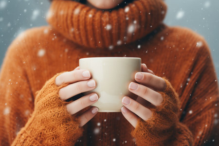 Woman in a warm sweater holding a mug winter, snowing, cold close upの素材