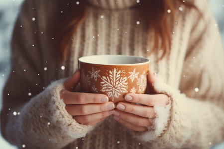 Woman in a warm sweater holding a mug winter, snowing, cold close upの素材