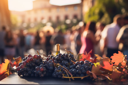 Grapes harvest season, selling at a festival, on a wooden surfaceの素材