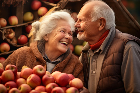 An old couple collecting apples harvest fall season beautifulの素材