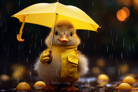 Cute yellow duck under the rains holding an umbrellaの素材
