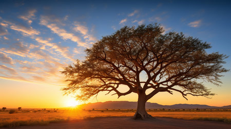 A panoramic view of a Mesquite tree silhouetted against the setting sunの素材