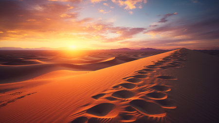 A stunning desert sunrise, casting long shadows over the dunes and rocky terrainの素材