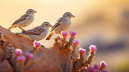 A group of Desert finches in vibrant plumage, fluttering among desert bloomsの素材
