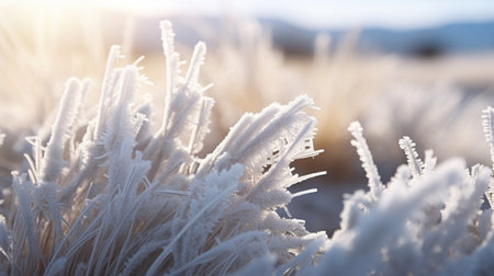 A thick layer of frost covering desert vegetation on a chilly winter morningの素材