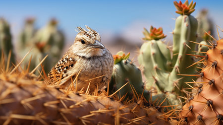 The elusive and well-camouflaged cactus wren building its nest in a desert thicketの素材