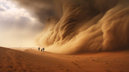 A massive dust storm, or haboob, engulfing the desert landscape in a swirling cloudの素材