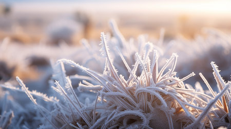 A thick layer of frost covering desert vegetation on a chilly winter morningの素材