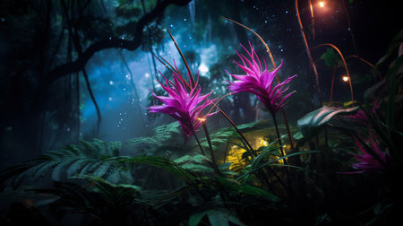 A bioluminescent spectacle as the jungle comes alive with glowing flora and fauna in the mystical twilightの素材