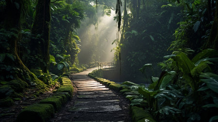 A narrow, winding path through the jungle, shrouded in mist, with the promise of undiscovered wonders aheadの素材