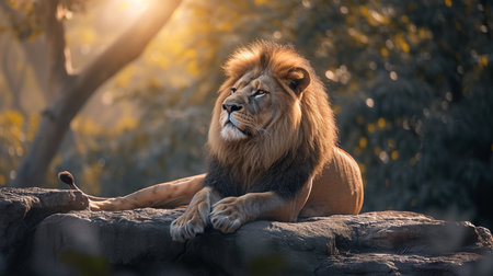 Majestic lion, the undisputed king of the jungle, resting regally on a sunlit rockの素材