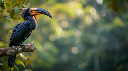 Crowned hornbill perched on a sturdy branch, surveying its lush kingdom belowの素材