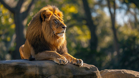 Majestic lion, the undisputed king of the jungle, resting regally on a sunlit rockの素材
