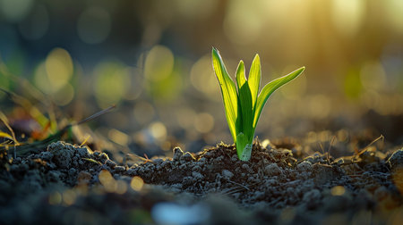 The first delicate shoots of green pushing through the thawing soilの素材