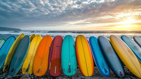 An adventurous surfing school with colorful boards lining the shoreの素材